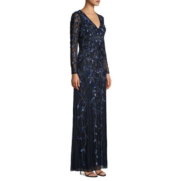 Aidan Mattox Sequined Beaded Long Sleeve Gown Navy Size 10 - Picture 4 of 15